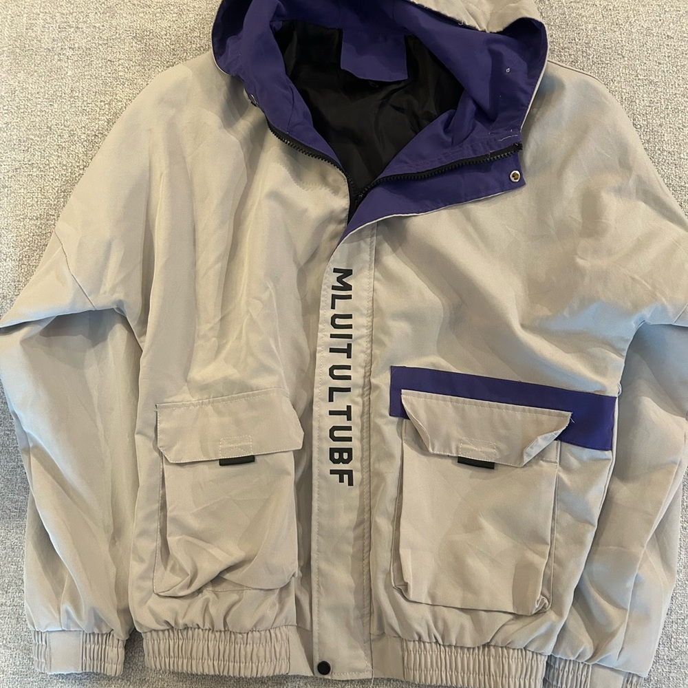 Beige & Purple Hooded Windbreaker Jacket